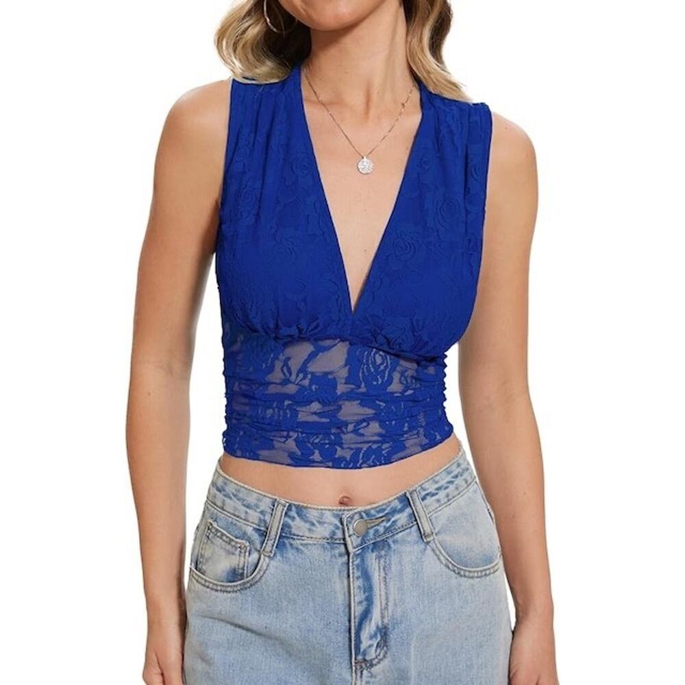 Women’s Y2K Lace Cami Tank Top Blue‎ Floral Mesh Sleeveless Crop Top Size L New